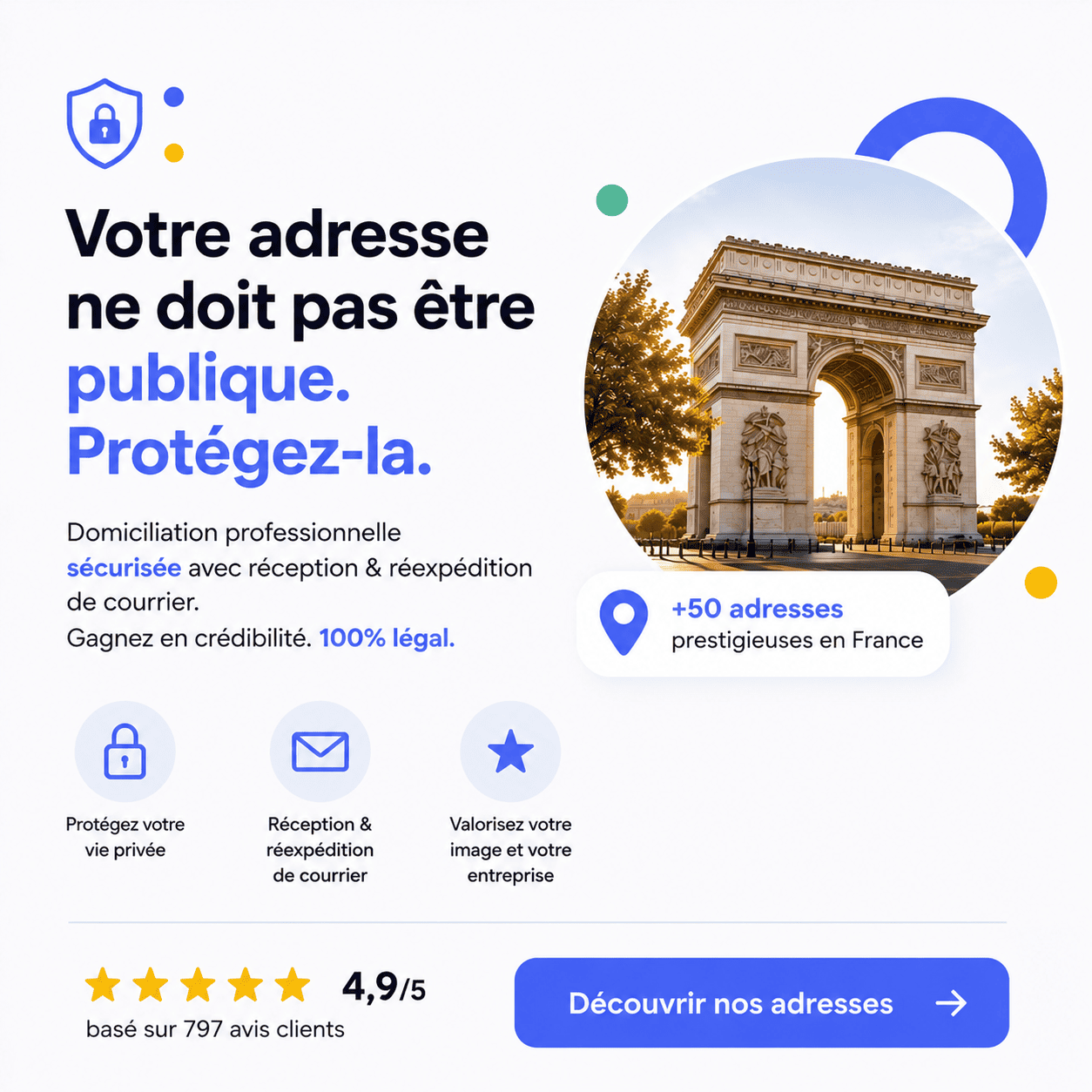 Publicité pour un service de domiciliation d'entreprise sécurisée en France